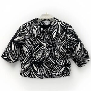 J'envie Womens 6 Black White Geometric Cropped Jacket Blazer 3/4 Sleeve USA Made